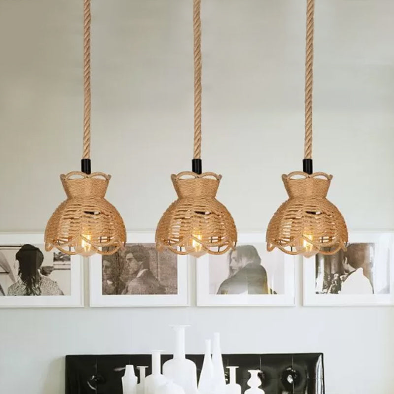 Round/Linear Bistro Cluster Bowl Pendant Farmhouse Hemp 3/6-Head Brown Multi Hanging Lamp with Scalloped Trim Clearhalo 'Ceiling Lights' 'Industrial Pendants' 'Industrial' 'Middle Century Pendants' 'Pendant Lights' 'Pendants' 'Tiffany' Lighting' 1912448