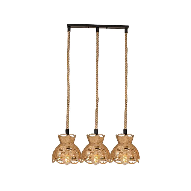 Round/Linear Bistro Cluster Bowl Pendant Farmhouse Hemp 3/6-Head Brown Multi Hanging Lamp with Scalloped Trim Clearhalo 'Ceiling Lights' 'Industrial Pendants' 'Industrial' 'Middle Century Pendants' 'Pendant Lights' 'Pendants' 'Tiffany' Lighting' 1912449
