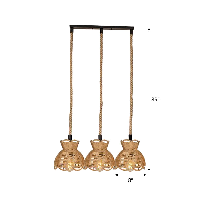 Round/Linear Bistro Cluster Bowl Pendant Farmhouse Hemp 3/6-Head Brown Multi Hanging Lamp with Scalloped Trim Clearhalo 'Ceiling Lights' 'Industrial Pendants' 'Industrial' 'Middle Century Pendants' 'Pendant Lights' 'Pendants' 'Tiffany' Lighting' 1912451