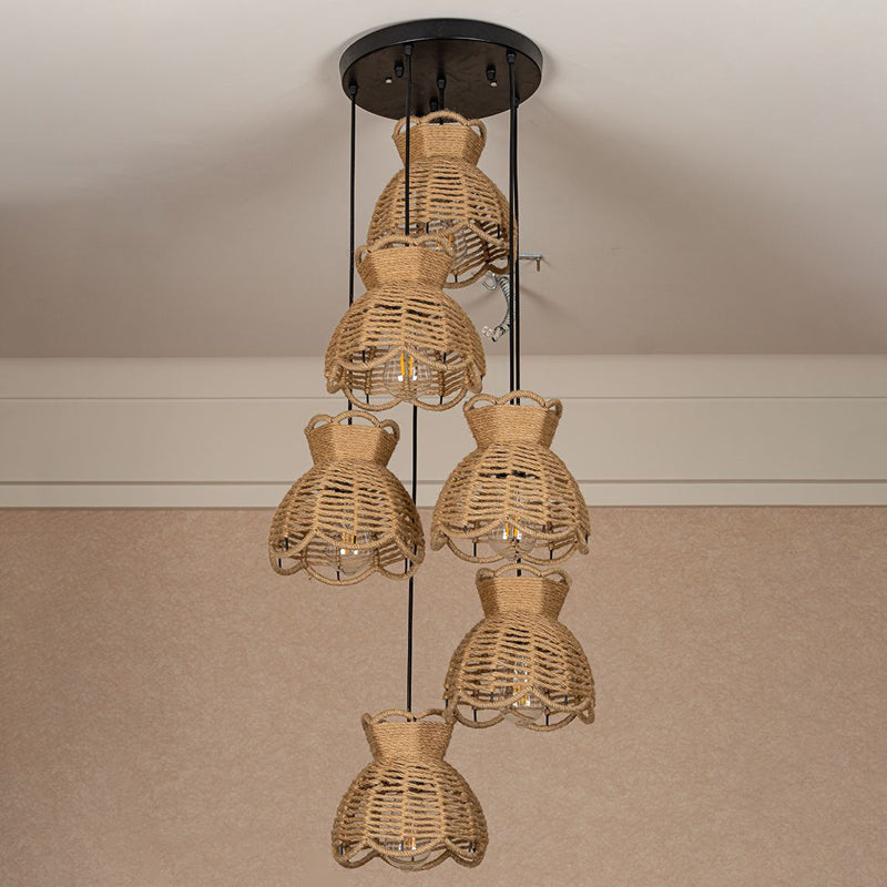 Round/Linear Bistro Cluster Bowl Pendant Farmhouse Hemp 3/6-Head Brown Multi Hanging Lamp with Scalloped Trim Clearhalo 'Ceiling Lights' 'Industrial Pendants' 'Industrial' 'Middle Century Pendants' 'Pendant Lights' 'Pendants' 'Tiffany' Lighting' 1912454