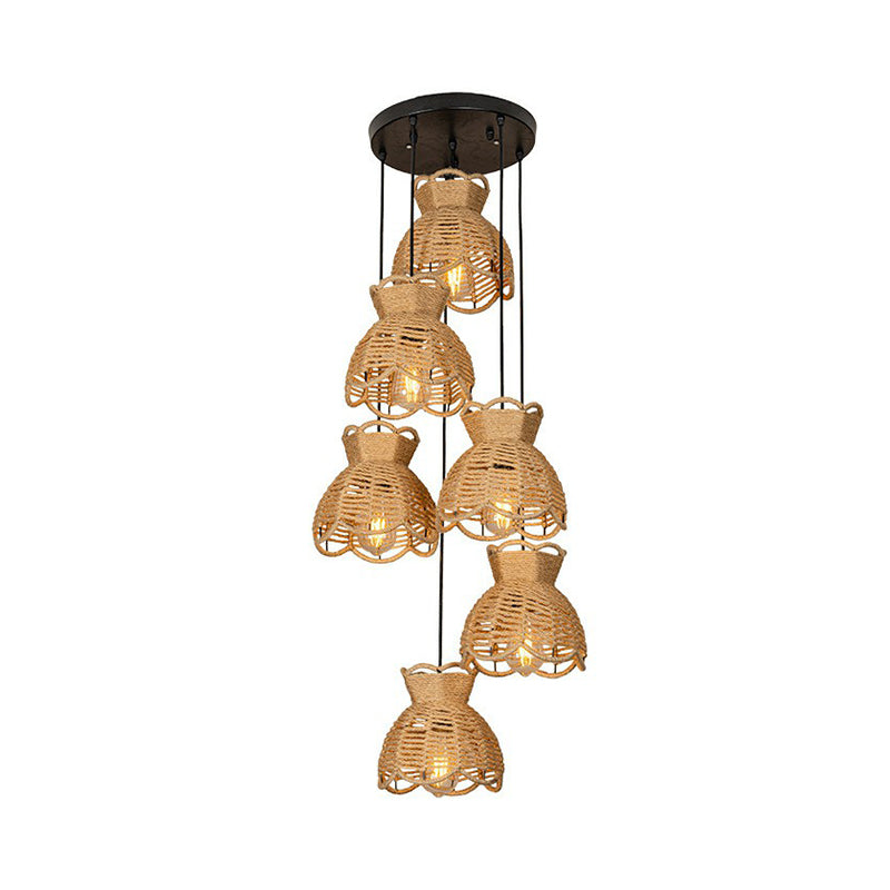 Round/Linear Bistro Cluster Bowl Pendant Farmhouse Hemp 3/6-Head Brown Multi Hanging Lamp with Scalloped Trim Clearhalo 'Ceiling Lights' 'Industrial Pendants' 'Industrial' 'Middle Century Pendants' 'Pendant Lights' 'Pendants' 'Tiffany' Lighting' 1912455