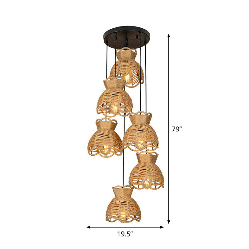 Round/Linear Bistro Cluster Bowl Pendant Farmhouse Hemp 3/6-Head Brown Multi Hanging Lamp with Scalloped Trim Clearhalo 'Ceiling Lights' 'Industrial Pendants' 'Industrial' 'Middle Century Pendants' 'Pendant Lights' 'Pendants' 'Tiffany' Lighting' 1912456