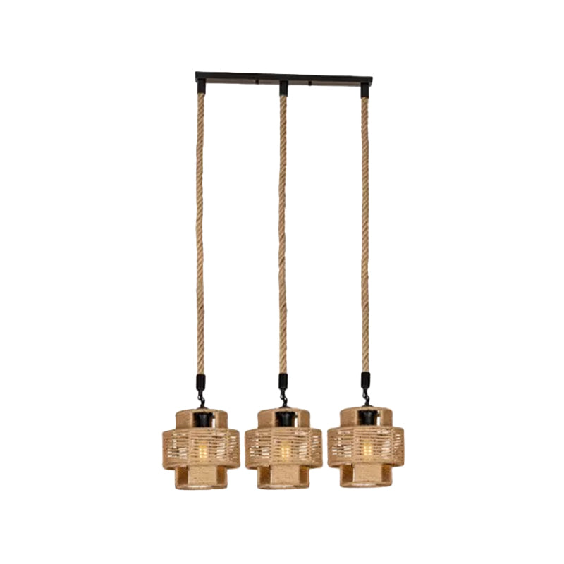 Lodge Style Round/Linear Canopy Pendant 3/6 Lights Roped Hanging Ceiling Light with Double Shade in Brown Clearhalo 'Ceiling Lights' 'Industrial Pendants' 'Industrial' 'Middle Century Pendants' 'Pendant Lights' 'Pendants' 'Tiffany' Lighting' 1912459