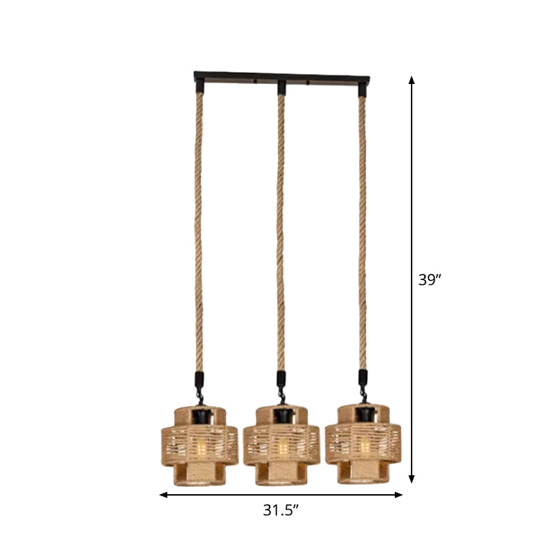 Lodge Style Round/Linear Canopy Pendant 3/6 Lights Roped Hanging Ceiling Light with Double Shade in Brown Clearhalo 'Ceiling Lights' 'Industrial Pendants' 'Industrial' 'Middle Century Pendants' 'Pendant Lights' 'Pendants' 'Tiffany' Lighting' 1912461