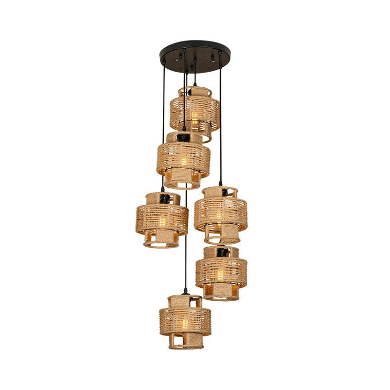Lodge Style Round/Linear Canopy Pendant 3/6 Lights Roped Hanging Ceiling Light with Double Shade in Brown Clearhalo 'Ceiling Lights' 'Industrial Pendants' 'Industrial' 'Middle Century Pendants' 'Pendant Lights' 'Pendants' 'Tiffany' Lighting' 1912464