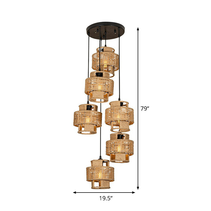 Lodge Style Round/Linear Canopy Pendant 3/6 Lights Roped Hanging Ceiling Light with Double Shade in Brown Clearhalo 'Ceiling Lights' 'Industrial Pendants' 'Industrial' 'Middle Century Pendants' 'Pendant Lights' 'Pendants' 'Tiffany' Lighting' 1912465
