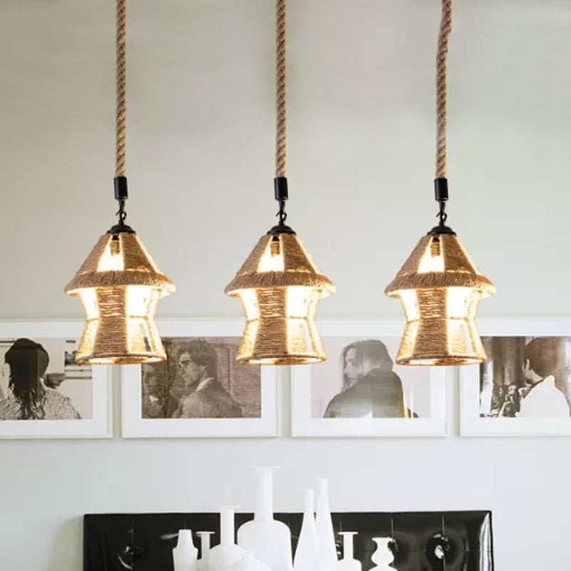 Hand-Wrapped Rope Cluster Cabin Pendant Country 3/6 Bulbs Living Room Round/Linear Ceiling Suspension Lamp in Brown Clearhalo 'Ceiling Lights' 'Industrial Pendants' 'Industrial' 'Middle Century Pendants' 'Pendant Lights' 'Pendants' 'Tiffany' Lighting' 1912467