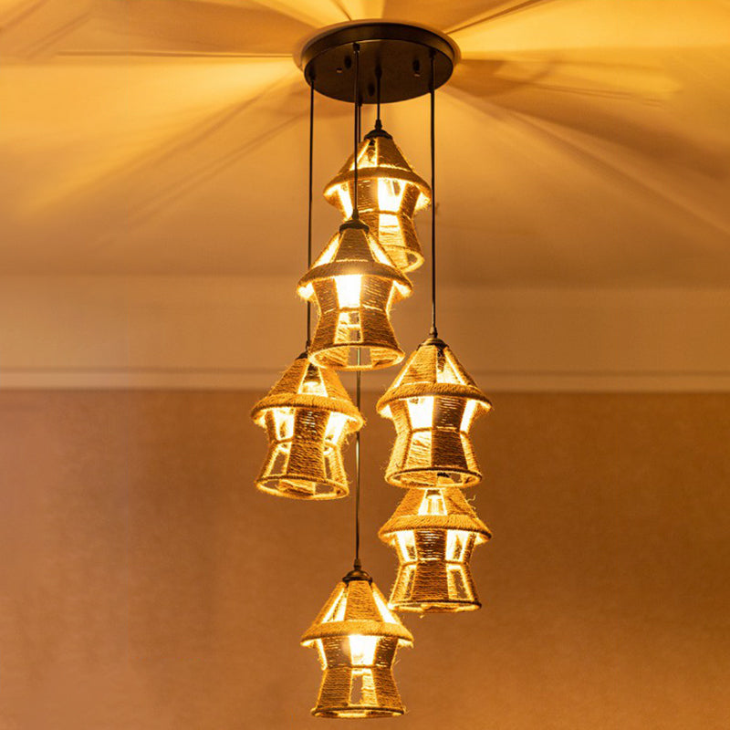 Hand-Wrapped Rope Cluster Cabin Pendant Country 3/6 Bulbs Living Room Round/Linear Ceiling Suspension Lamp in Brown Brown Round Clearhalo 'Ceiling Lights' 'Industrial Pendants' 'Industrial' 'Middle Century Pendants' 'Pendant Lights' 'Pendants' 'Tiffany' Lighting' 1912471