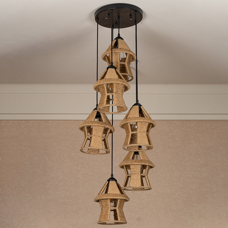 Hand-Wrapped Rope Cluster Cabin Pendant Country 3/6 Bulbs Living Room Round/Linear Ceiling Suspension Lamp in Brown Clearhalo 'Ceiling Lights' 'Industrial Pendants' 'Industrial' 'Middle Century Pendants' 'Pendant Lights' 'Pendants' 'Tiffany' Lighting' 1912472
