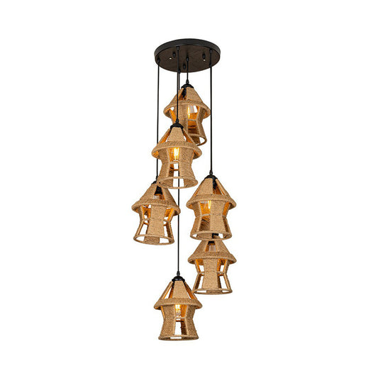 Hand-Wrapped Rope Cluster Cabin Pendant Country 3/6 Bulbs Living Room Round/Linear Ceiling Suspension Lamp in Brown Clearhalo 'Ceiling Lights' 'Industrial Pendants' 'Industrial' 'Middle Century Pendants' 'Pendant Lights' 'Pendants' 'Tiffany' Lighting' 1912473