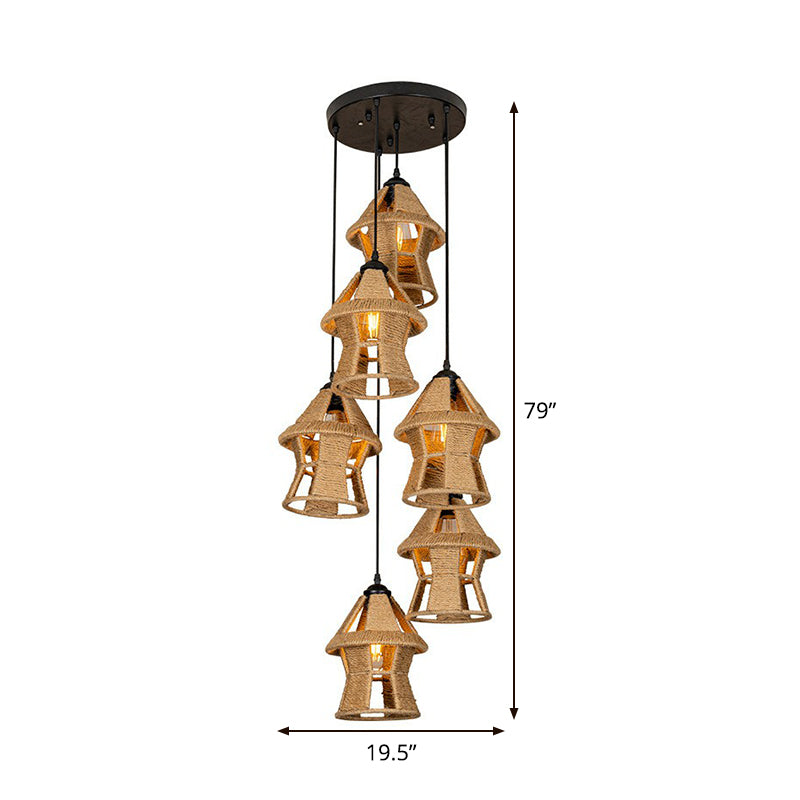 Hand-Wrapped Rope Cluster Cabin Pendant Country 3/6 Bulbs Living Room Round/Linear Ceiling Suspension Lamp in Brown Clearhalo 'Ceiling Lights' 'Industrial Pendants' 'Industrial' 'Middle Century Pendants' 'Pendant Lights' 'Pendants' 'Tiffany' Lighting' 1912474