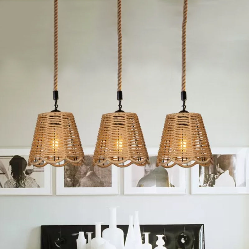 Rope Brown Pendant Lighting Scalloped-Trimmed Tapered 3/6-Head Rustic Multi Light Ceiling Light with Round/Linear Canopy Clearhalo 'Ceiling Lights' 'Industrial Pendants' 'Industrial' 'Middle Century Pendants' 'Pendant Lights' 'Pendants' 'Tiffany' Lighting' 1912476