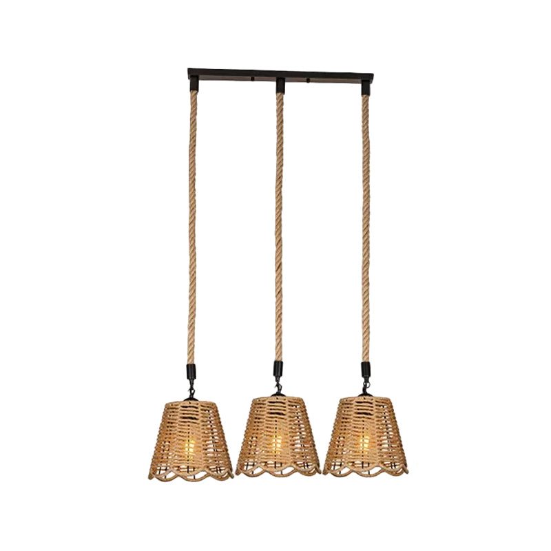 Rope Brown Pendant Lighting Scalloped-Trimmed Tapered 3/6-Head Rustic Multi Light Ceiling Light with Round/Linear Canopy Clearhalo 'Ceiling Lights' 'Industrial Pendants' 'Industrial' 'Middle Century Pendants' 'Pendant Lights' 'Pendants' 'Tiffany' Lighting' 1912477