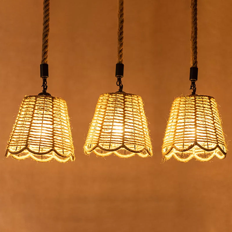 Rope Brown Pendant Lighting Scalloped-Trimmed Tapered 3/6-Head Rustic Multi Light Ceiling Light with Round/Linear Canopy Clearhalo 'Ceiling Lights' 'Industrial Pendants' 'Industrial' 'Middle Century Pendants' 'Pendant Lights' 'Pendants' 'Tiffany' Lighting' 1912478
