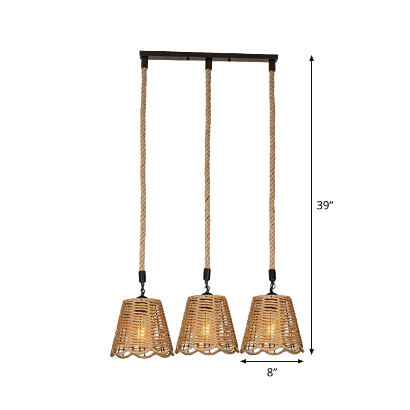 Rope Brown Pendant Lighting Scalloped-Trimmed Tapered 3/6-Head Rustic Multi Light Ceiling Light with Round/Linear Canopy Clearhalo 'Ceiling Lights' 'Industrial Pendants' 'Industrial' 'Middle Century Pendants' 'Pendant Lights' 'Pendants' 'Tiffany' Lighting' 1912479