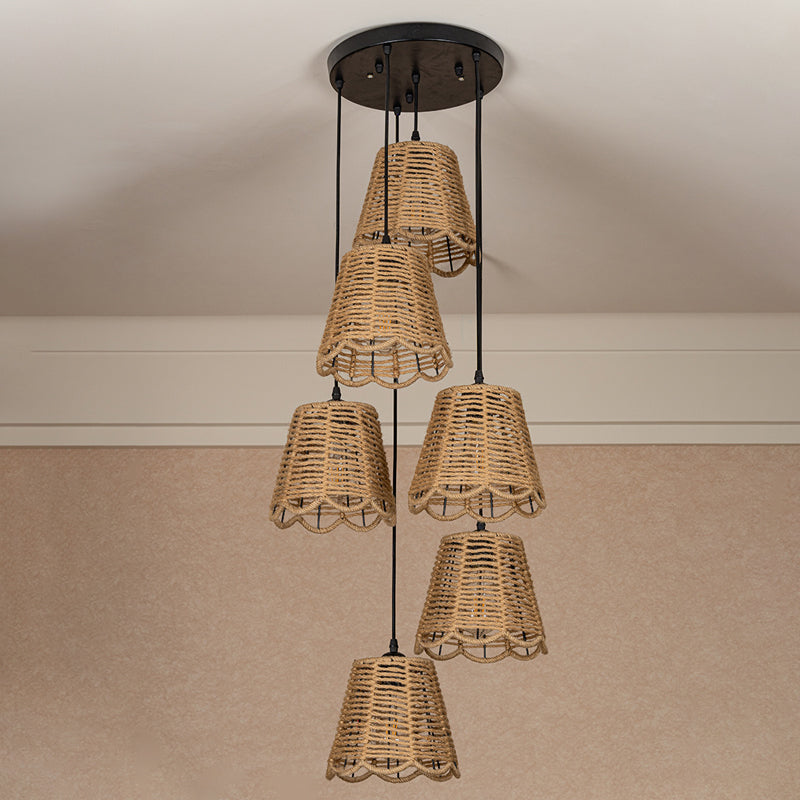 Rope Brown Pendant Lighting Scalloped-Trimmed Tapered 3/6-Head Rustic Multi Light Ceiling Light with Round/Linear Canopy Clearhalo 'Ceiling Lights' 'Industrial Pendants' 'Industrial' 'Middle Century Pendants' 'Pendant Lights' 'Pendants' 'Tiffany' Lighting' 1912481