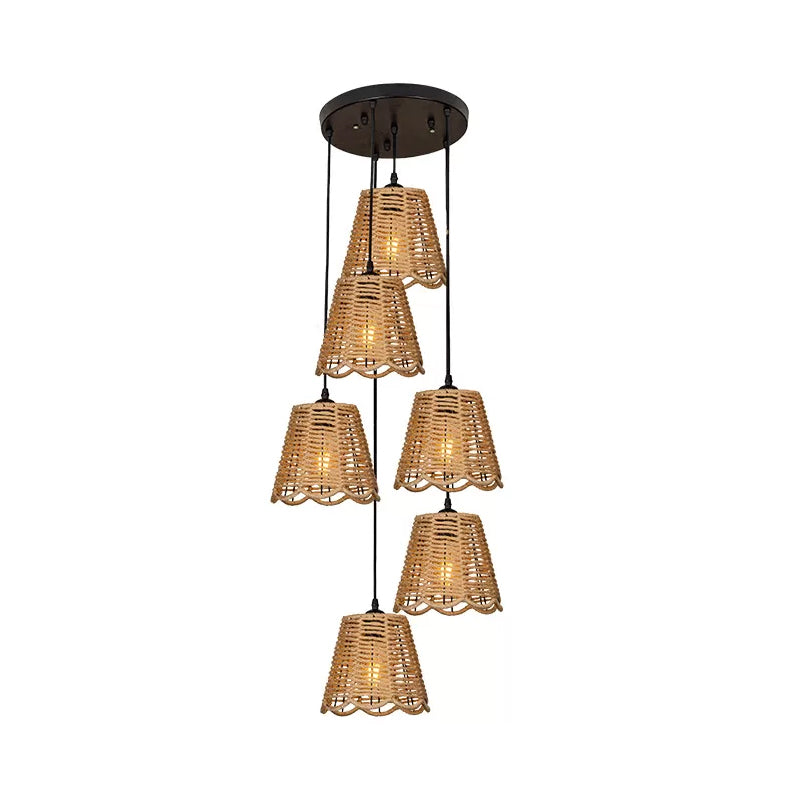 Rope Brown Pendant Lighting Scalloped-Trimmed Tapered 3/6-Head Rustic Multi Light Ceiling Light with Round/Linear Canopy Clearhalo 'Ceiling Lights' 'Industrial Pendants' 'Industrial' 'Middle Century Pendants' 'Pendant Lights' 'Pendants' 'Tiffany' Lighting' 1912482