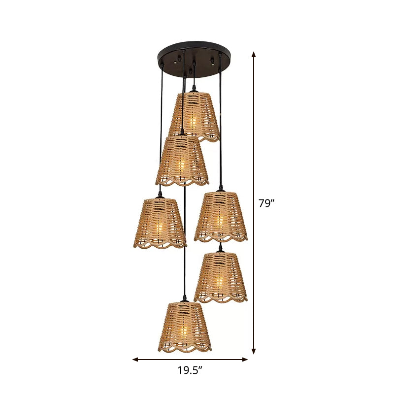 Rope Brown Pendant Lighting Scalloped-Trimmed Tapered 3/6-Head Rustic Multi Light Ceiling Light with Round/Linear Canopy Clearhalo 'Ceiling Lights' 'Industrial Pendants' 'Industrial' 'Middle Century Pendants' 'Pendant Lights' 'Pendants' 'Tiffany' Lighting' 1912483