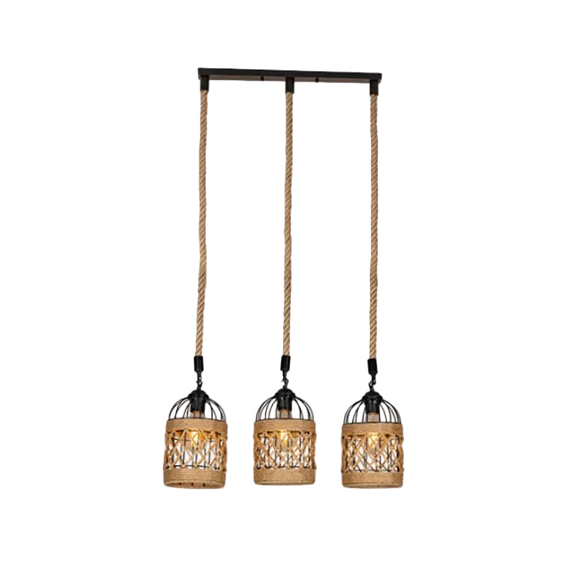 3/6 Heads Cluster Pendant Light Lodge Birdcage Criss-Cross Woven Rope Hanging Light Kit in Brown, Round/Linear Canopy Clearhalo 'Ceiling Lights' 'Industrial Pendants' 'Industrial' 'Middle Century Pendants' 'Pendant Lights' 'Pendants' 'Tiffany' Lighting' 1912486