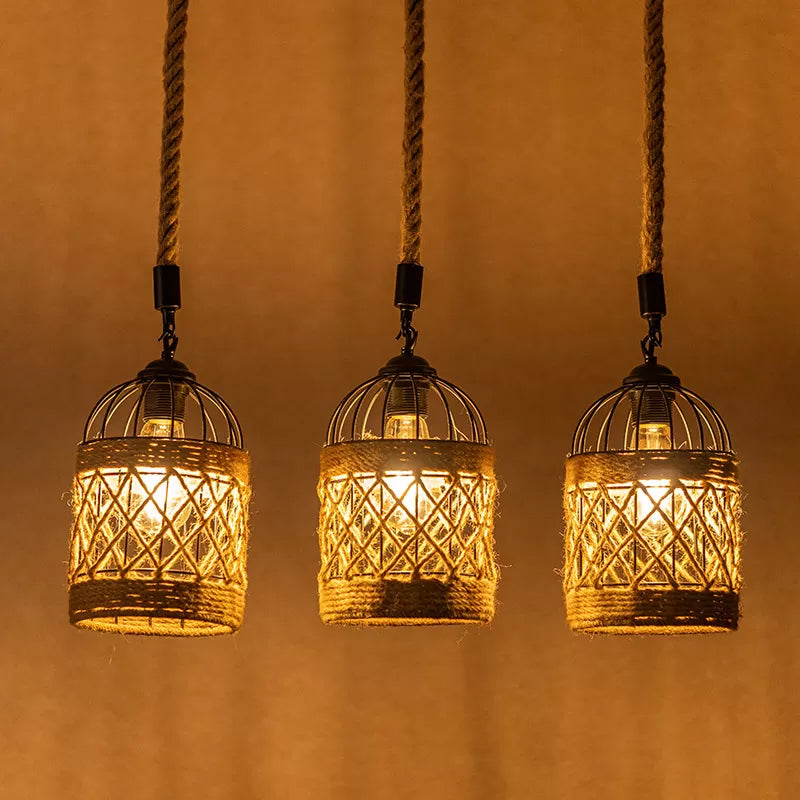 3/6 Heads Cluster Pendant Light Lodge Birdcage Criss-Cross Woven Rope Hanging Light Kit in Brown, Round/Linear Canopy Clearhalo 'Ceiling Lights' 'Industrial Pendants' 'Industrial' 'Middle Century Pendants' 'Pendant Lights' 'Pendants' 'Tiffany' Lighting' 1912487