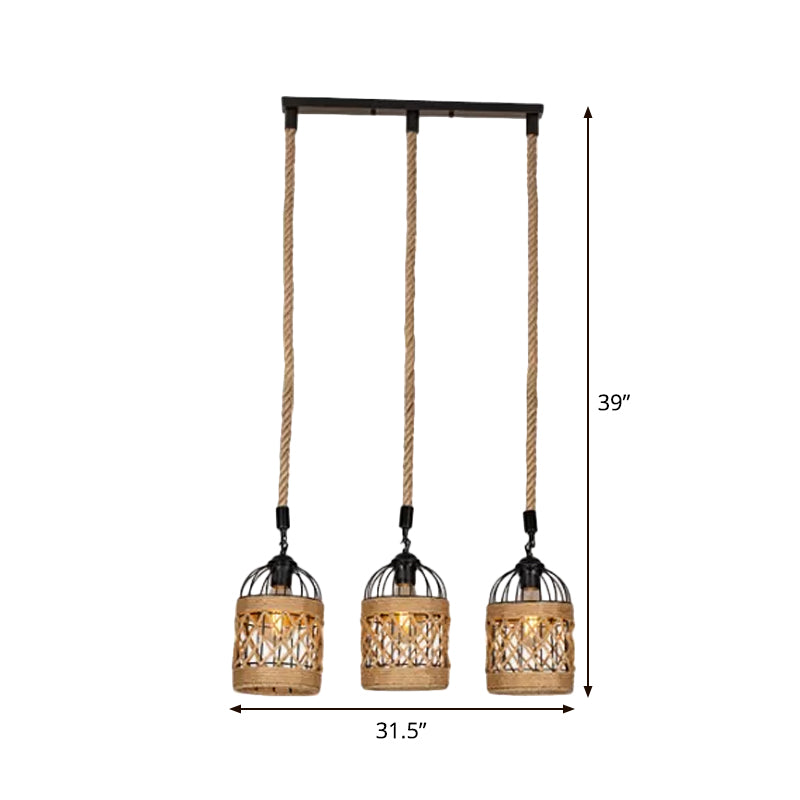 3/6 Heads Cluster Pendant Light Lodge Birdcage Criss-Cross Woven Rope Hanging Light Kit in Brown, Round/Linear Canopy Clearhalo 'Ceiling Lights' 'Industrial Pendants' 'Industrial' 'Middle Century Pendants' 'Pendant Lights' 'Pendants' 'Tiffany' Lighting' 1912488