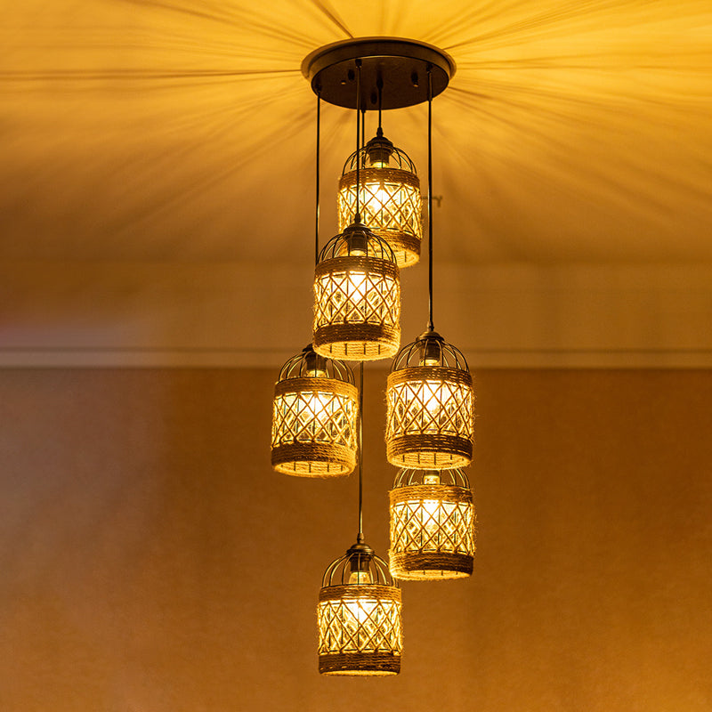 3/6 Heads Cluster Pendant Light Lodge Birdcage Criss-Cross Woven Rope Hanging Light Kit in Brown, Round/Linear Canopy Brown Round Clearhalo 'Ceiling Lights' 'Industrial Pendants' 'Industrial' 'Middle Century Pendants' 'Pendant Lights' 'Pendants' 'Tiffany' Lighting' 1912489