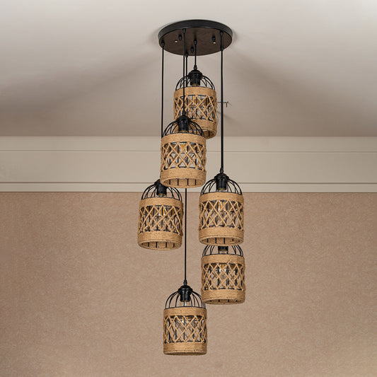 3/6 Heads Cluster Pendant Light Lodge Birdcage Criss-Cross Woven Rope Hanging Light Kit in Brown, Round/Linear Canopy Clearhalo 'Ceiling Lights' 'Industrial Pendants' 'Industrial' 'Middle Century Pendants' 'Pendant Lights' 'Pendants' 'Tiffany' Lighting' 1912490