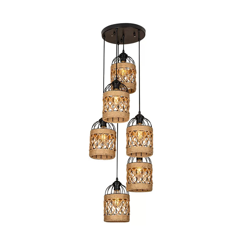 3/6 Heads Cluster Pendant Light Lodge Birdcage Criss-Cross Woven Rope Hanging Light Kit in Brown, Round/Linear Canopy Clearhalo 'Ceiling Lights' 'Industrial Pendants' 'Industrial' 'Middle Century Pendants' 'Pendant Lights' 'Pendants' 'Tiffany' Lighting' 1912491