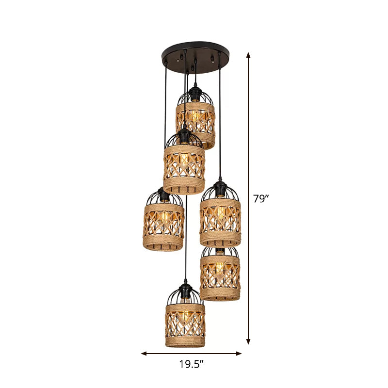 3/6 Heads Cluster Pendant Light Lodge Birdcage Criss-Cross Woven Rope Hanging Light Kit in Brown, Round/Linear Canopy Clearhalo 'Ceiling Lights' 'Industrial Pendants' 'Industrial' 'Middle Century Pendants' 'Pendant Lights' 'Pendants' 'Tiffany' Lighting' 1912492