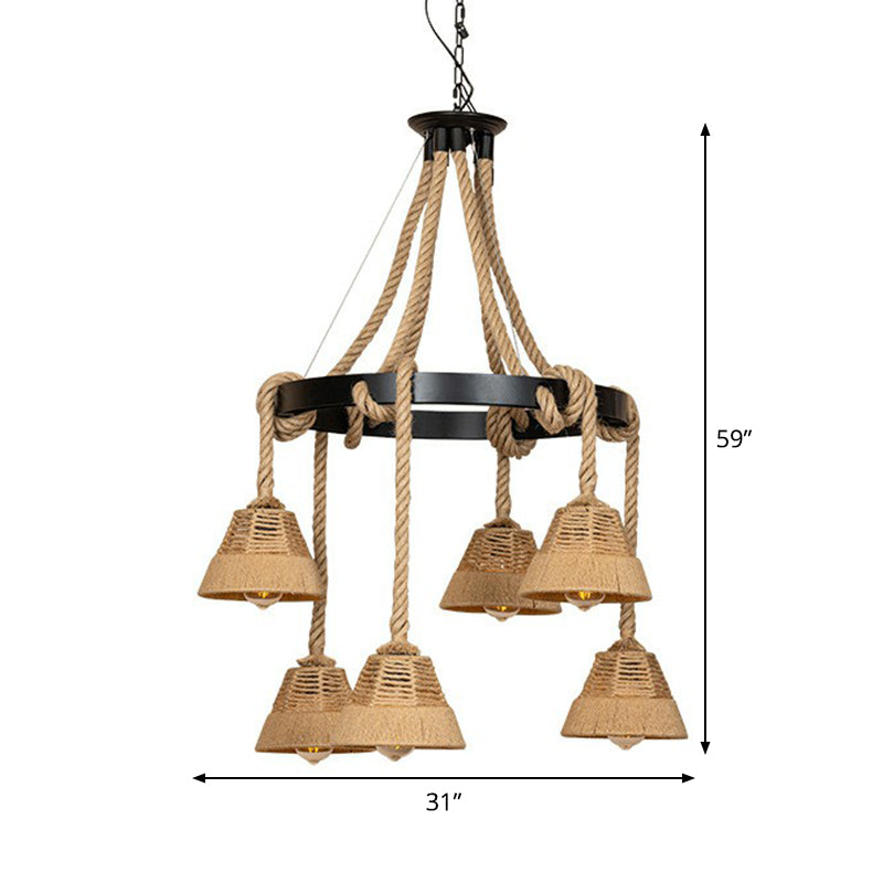 6 Lights Carillon Ceiling Chandelier Cottage Brown Roped Hanging Pendant for Restaurant Clearhalo 'Ceiling Lights' 'Chandeliers' 'Industrial Chandeliers' 'Industrial' 'Middle Century Chandeliers' 'Tiffany' Lighting' 1912497