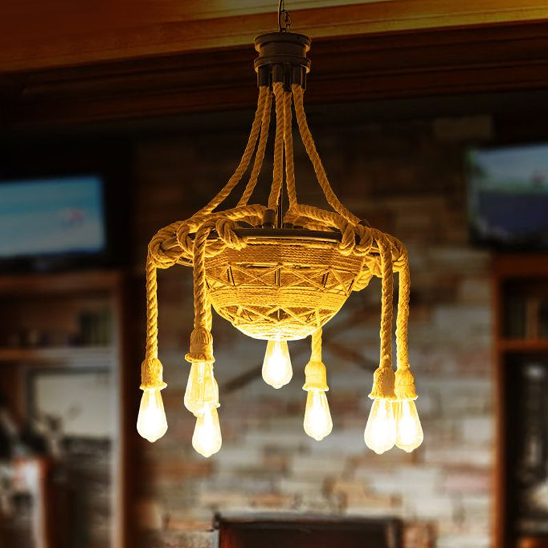 Rope Bowl Pendant Chandelier Country Style 6 Heads Dining Room Hanging Light with Bare Bulb Design in Brown Brown Clearhalo 'Ceiling Lights' 'Chandeliers' 'Industrial Chandeliers' 'Industrial' 'Middle Century Chandeliers' 'Tiffany' Lighting' 1912513