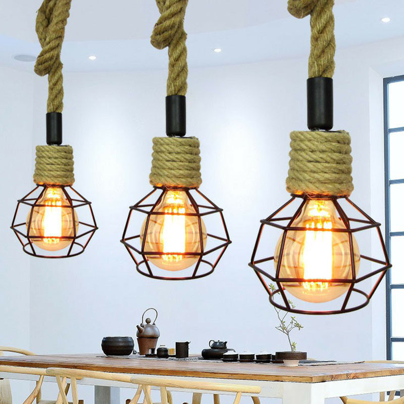 1-Head Pendulum Light Rural Wine Bar Mini Pendant Lamp with Ball Iron Cage and Rope Accent in Brown Brown Clearhalo 'Ceiling Lights' 'Industrial Pendants' 'Industrial' 'Middle Century Pendants' 'Pendant Lights' 'Pendants' 'Tiffany' Lighting' 1912541