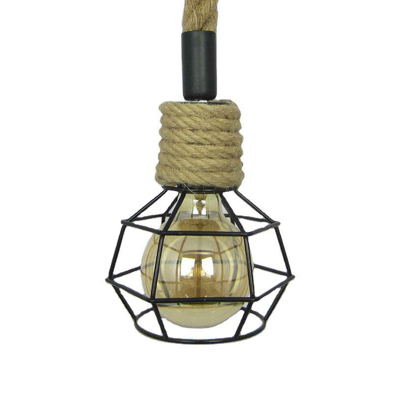 1-Head Pendulum Light Rural Wine Bar Mini Pendant Lamp with Ball Iron Cage and Rope Accent in Brown Clearhalo 'Ceiling Lights' 'Industrial Pendants' 'Industrial' 'Middle Century Pendants' 'Pendant Lights' 'Pendants' 'Tiffany' Lighting' 1912543