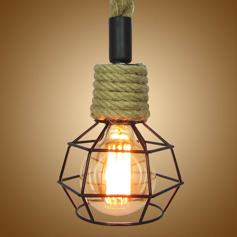 1-Head Pendulum Light Rural Wine Bar Mini Pendant Lamp with Ball Iron Cage and Rope Accent in Brown Clearhalo 'Ceiling Lights' 'Industrial Pendants' 'Industrial' 'Middle Century Pendants' 'Pendant Lights' 'Pendants' 'Tiffany' Lighting' 1912544