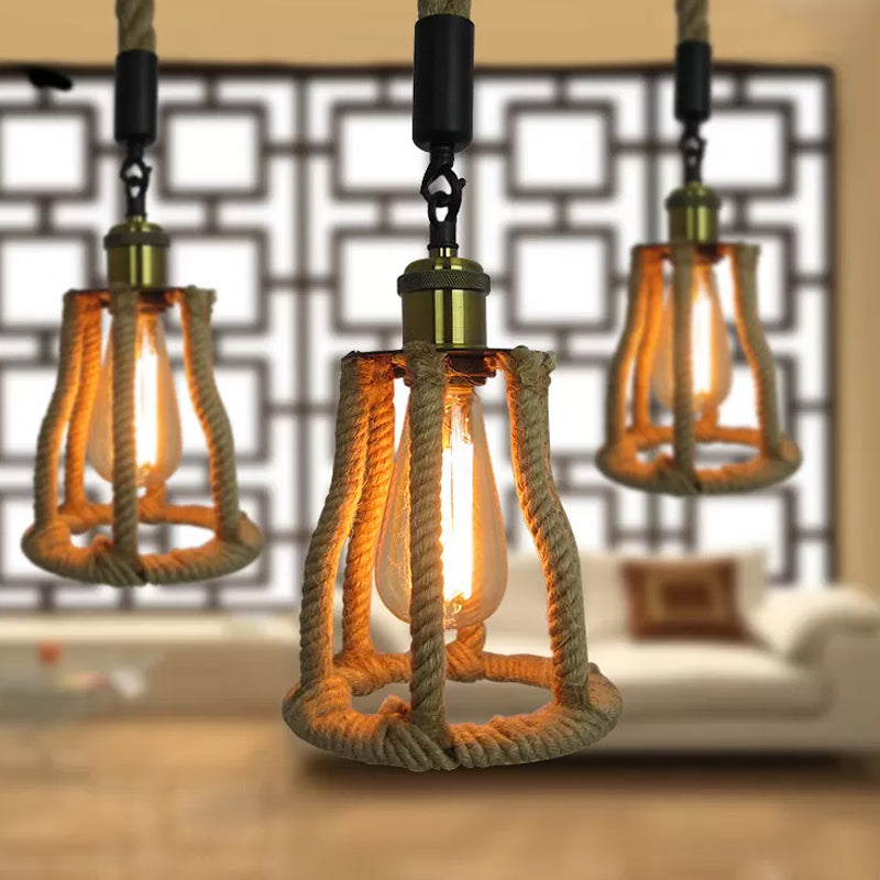1-Bulb Natural Fiber Rope Pendant Rustic Brown Cage Sitting Room Suspension Lighting Brown Clearhalo 'Ceiling Lights' 'Industrial Pendants' 'Industrial' 'Middle Century Pendants' 'Pendant Lights' 'Pendants' 'Tiffany' Lighting' 1912546