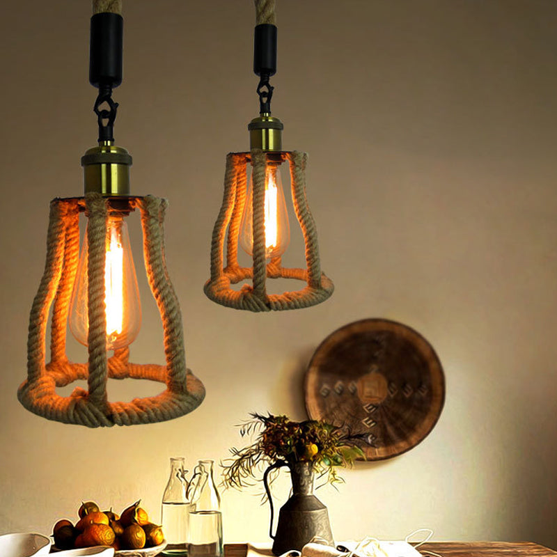 1-Bulb Natural Fiber Rope Pendant Rustic Brown Cage Sitting Room Suspension Lighting Clearhalo 'Ceiling Lights' 'Industrial Pendants' 'Industrial' 'Middle Century Pendants' 'Pendant Lights' 'Pendants' 'Tiffany' Lighting' 1912547