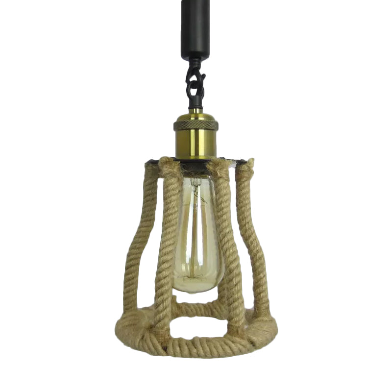 1-Bulb Natural Fiber Rope Pendant Rustic Brown Cage Sitting Room Suspension Lighting Clearhalo 'Ceiling Lights' 'Industrial Pendants' 'Industrial' 'Middle Century Pendants' 'Pendant Lights' 'Pendants' 'Tiffany' Lighting' 1912548