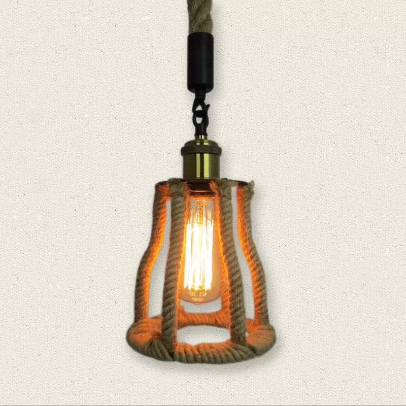 1-Bulb Natural Fiber Rope Pendant Rustic Brown Cage Sitting Room Suspension Lighting Clearhalo 'Ceiling Lights' 'Industrial Pendants' 'Industrial' 'Middle Century Pendants' 'Pendant Lights' 'Pendants' 'Tiffany' Lighting' 1912549