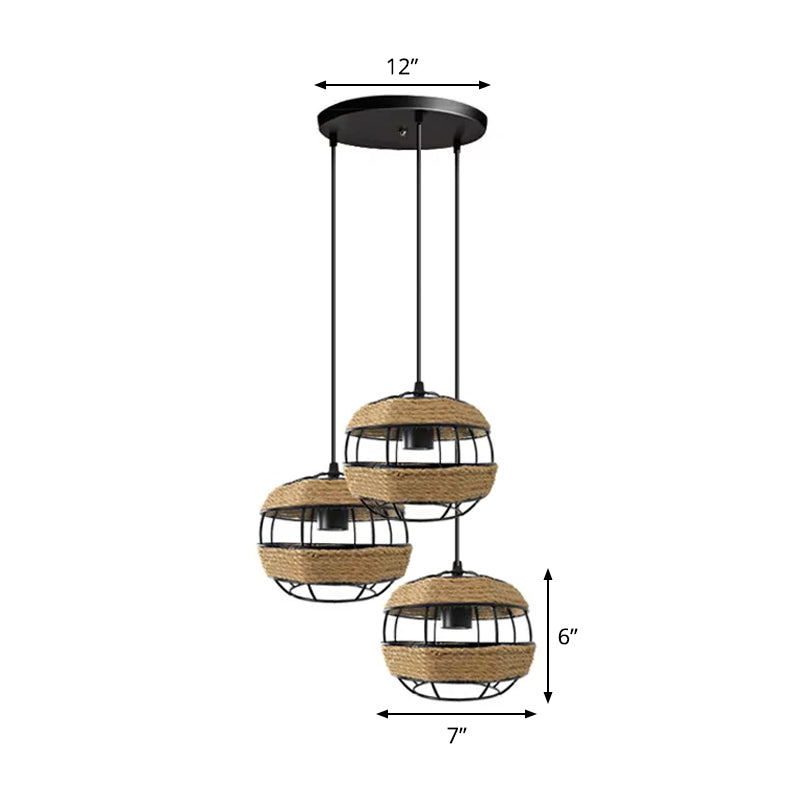 Spherical Jute Rope Multi-Pendant Countryside 3-Light Open Kitchen Ceiling Suspension Lamp in Brown, Round/Linear Canopy Clearhalo 'Ceiling Lights' 'Industrial Pendants' 'Industrial' 'Middle Century Pendants' 'Pendant Lights' 'Pendants' 'Tiffany' Lighting' 1912553