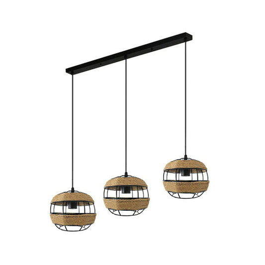 Spherical Jute Rope Multi-Pendant Countryside 3-Light Open Kitchen Ceiling Suspension Lamp in Brown, Round/Linear Canopy Brown Linear Clearhalo 'Ceiling Lights' 'Industrial Pendants' 'Industrial' 'Middle Century Pendants' 'Pendant Lights' 'Pendants' 'Tiffany' Lighting' 1912554