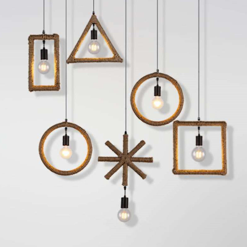 1-Light Hanging Lamp Rural Living Room Pendant Light with Round/Square/Rectangle Rope Frame in Brown Brown Square Clearhalo 'Ceiling Lights' 'Industrial Pendants' 'Industrial' 'Middle Century Pendants' 'Pendant Lights' 'Pendants' 'Tiffany' Lighting' 1912581