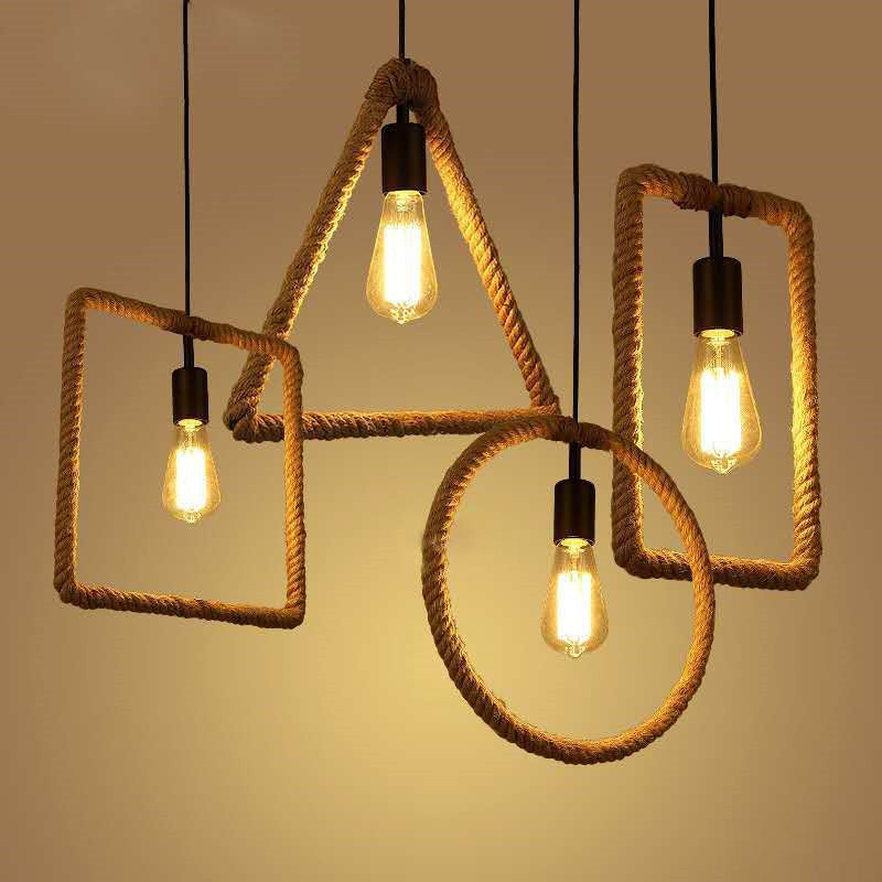1-Light Hanging Lamp Rural Living Room Pendant Light with Round/Square/Rectangle Rope Frame in Brown Clearhalo 'Ceiling Lights' 'Industrial Pendants' 'Industrial' 'Middle Century Pendants' 'Pendant Lights' 'Pendants' 'Tiffany' Lighting' 1912582
