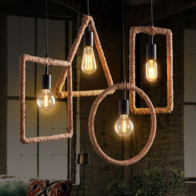 1-Light Hanging Lamp Rural Living Room Pendant Light with Round/Square/Rectangle Rope Frame in Brown Clearhalo 'Ceiling Lights' 'Industrial Pendants' 'Industrial' 'Middle Century Pendants' 'Pendant Lights' 'Pendants' 'Tiffany' Lighting' 1912583