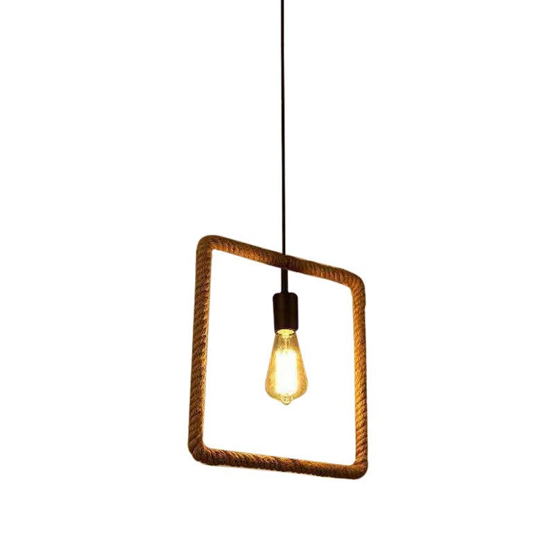 1-Light Hanging Lamp Rural Living Room Pendant Light with Round/Square/Rectangle Rope Frame in Brown Clearhalo 'Ceiling Lights' 'Industrial Pendants' 'Industrial' 'Middle Century Pendants' 'Pendant Lights' 'Pendants' 'Tiffany' Lighting' 1912584