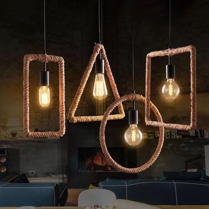 1-Light Hanging Lamp Rural Living Room Pendant Light with Round/Square/Rectangle Rope Frame in Brown Brown Triangle Clearhalo 'Ceiling Lights' 'Industrial Pendants' 'Industrial' 'Middle Century Pendants' 'Pendant Lights' 'Pendants' 'Tiffany' Lighting' 1912586