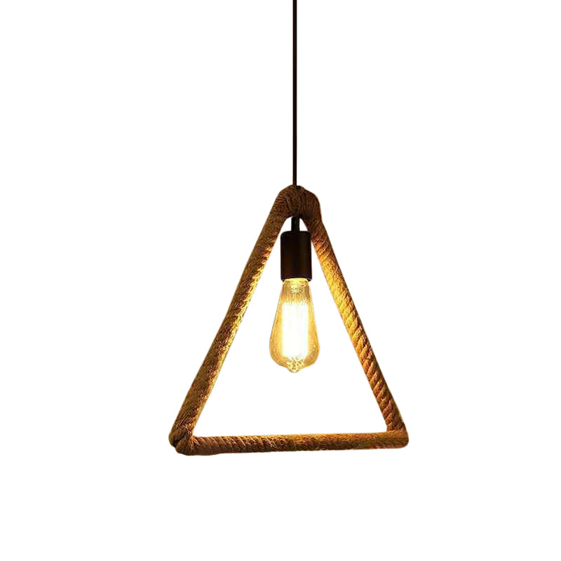 1-Light Hanging Lamp Rural Living Room Pendant Light with Round/Square/Rectangle Rope Frame in Brown Clearhalo 'Ceiling Lights' 'Industrial Pendants' 'Industrial' 'Middle Century Pendants' 'Pendant Lights' 'Pendants' 'Tiffany' Lighting' 1912587