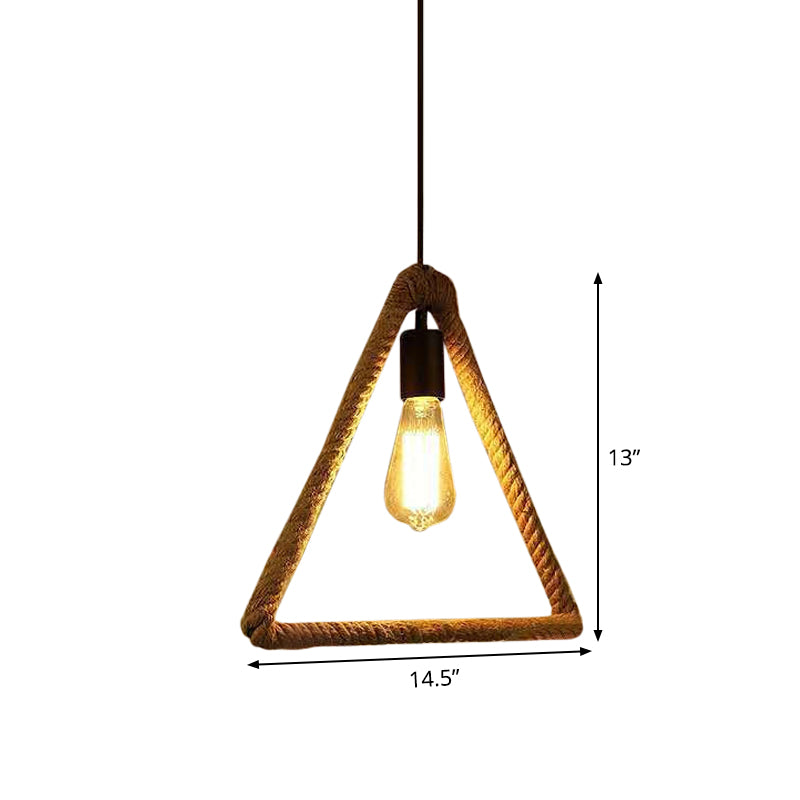 1-Light Hanging Lamp Rural Living Room Pendant Light with Round/Square/Rectangle Rope Frame in Brown Clearhalo 'Ceiling Lights' 'Industrial Pendants' 'Industrial' 'Middle Century Pendants' 'Pendant Lights' 'Pendants' 'Tiffany' Lighting' 1912588