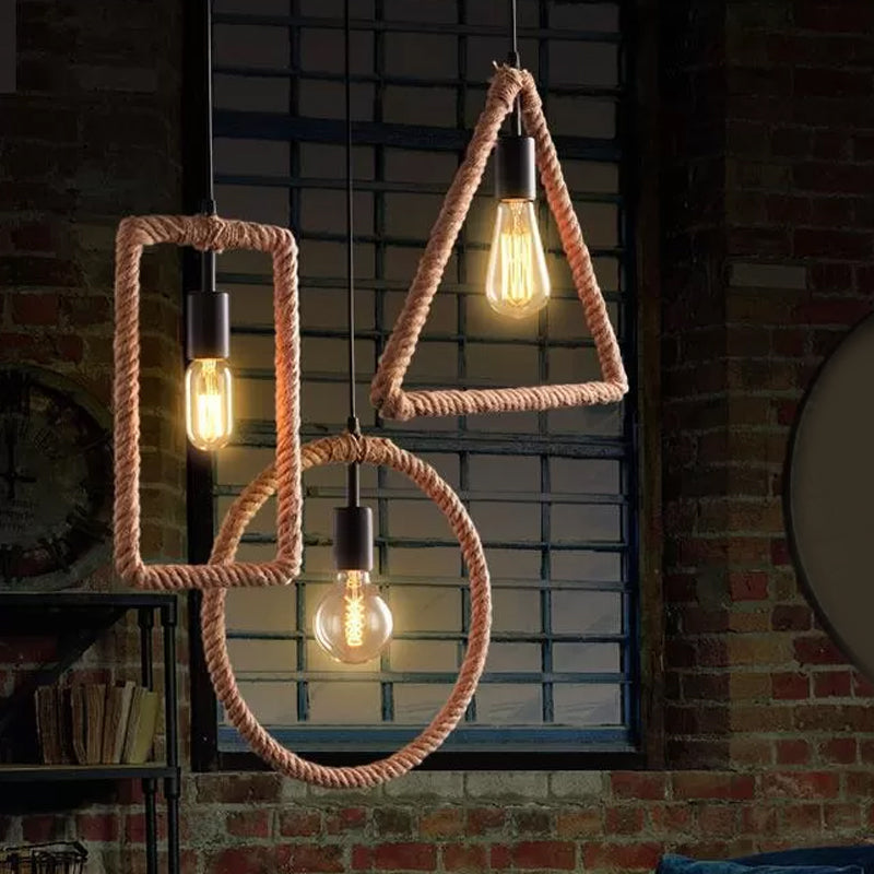 1-Light Hanging Lamp Rural Living Room Pendant Light with Round/Square/Rectangle Rope Frame in Brown Brown Round Clearhalo 'Ceiling Lights' 'Industrial Pendants' 'Industrial' 'Middle Century Pendants' 'Pendant Lights' 'Pendants' 'Tiffany' Lighting' 1912589