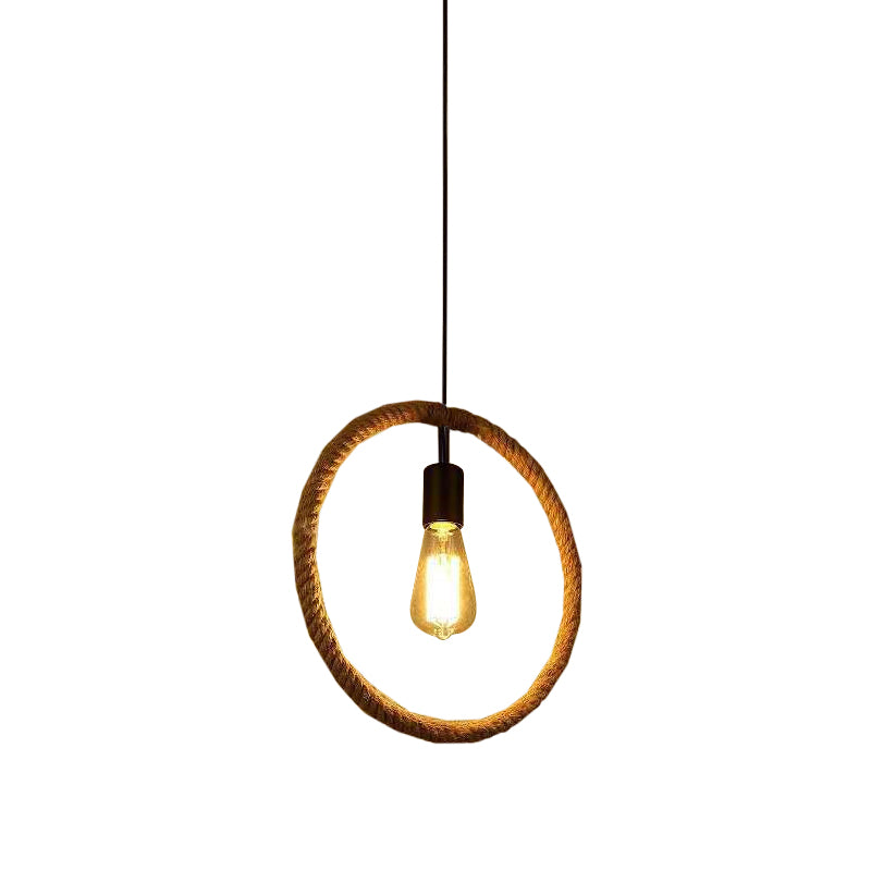 1-Light Hanging Lamp Rural Living Room Pendant Light with Round/Square/Rectangle Rope Frame in Brown Clearhalo 'Ceiling Lights' 'Industrial Pendants' 'Industrial' 'Middle Century Pendants' 'Pendant Lights' 'Pendants' 'Tiffany' Lighting' 1912590