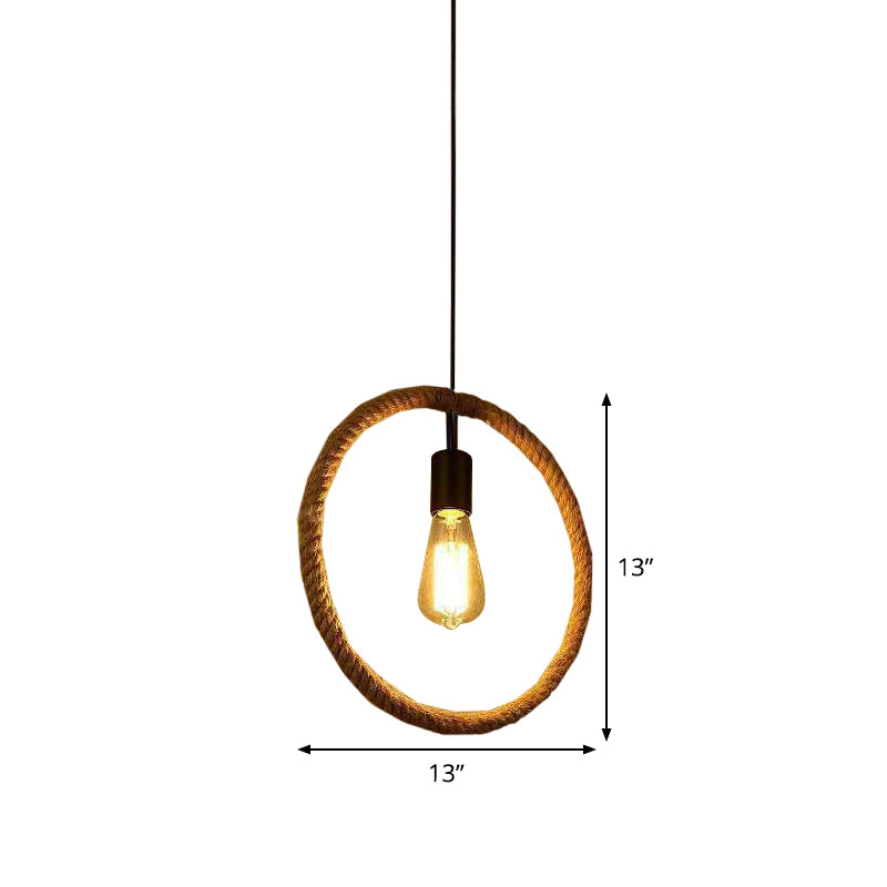 1-Light Hanging Lamp Rural Living Room Pendant Light with Round/Square/Rectangle Rope Frame in Brown Clearhalo 'Ceiling Lights' 'Industrial Pendants' 'Industrial' 'Middle Century Pendants' 'Pendant Lights' 'Pendants' 'Tiffany' Lighting' 1912591